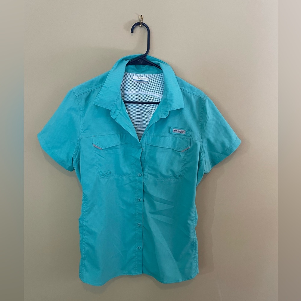 COLUMBIA womens short sleeve PFG fishing shirt, teal, Sz XL, EUC
